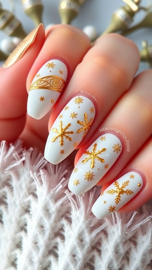 Elegant white gold Christmas nail art with snowflakes and stars on a festive background.